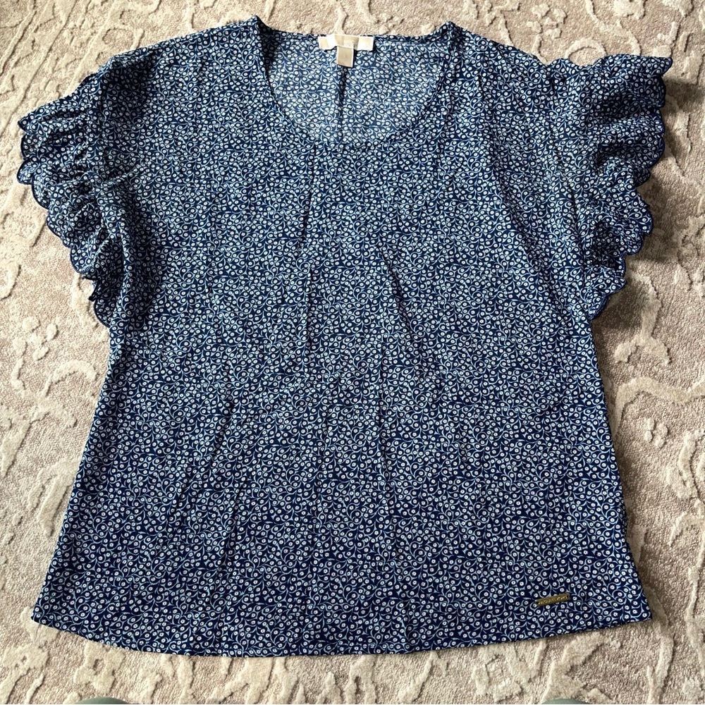 Michael Kors Blue Floral Ruffle Sleeve Blouse Small